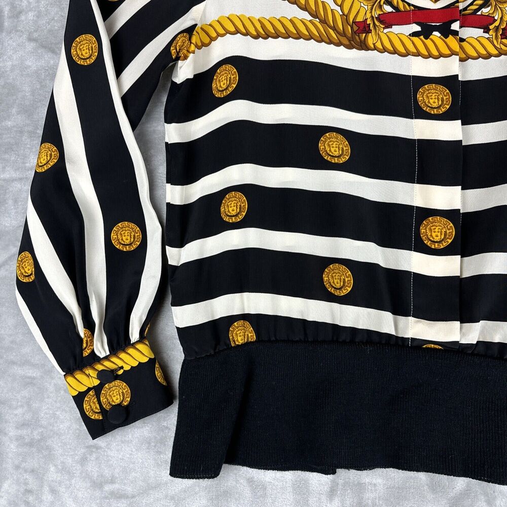 Vtg Francesca of Damon Silk Blouse Women's 4 White Black Stripe Coin Rope (0952) - Picture 4 of 11